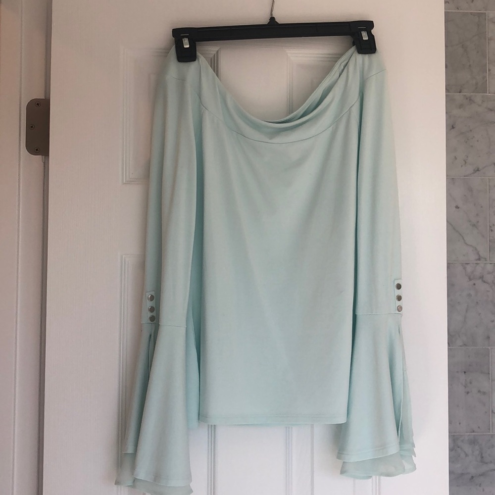 White House Black Market mint green top. Bell sleeves and slightly off shoulder.